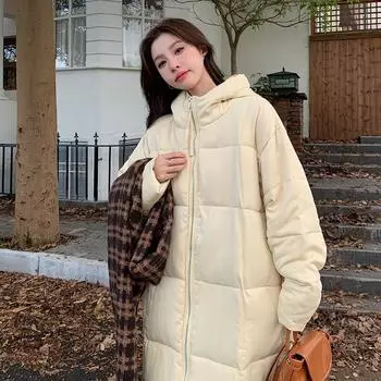 Женское зимнее пальто 2024 года, новое, среднее и длинное, с капюшоном, утолщенное, свободного покроя, в корейском стиле S абрикосовый