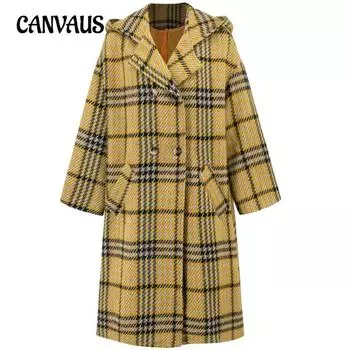 Женское зимнее пальто больших размеров с отворотом и шляпой, длинное клетчатое пальто Senior Sense, двубортное пальто S белый