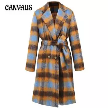 Женское зимнее пальто больших размеров с двубортным лацканом в цветную клетку из шерсти с длинными рукавами S розовый