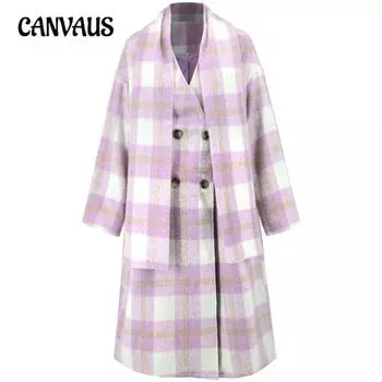 Женское зимнее пальто больших размеров средней длины из шерсти в клетку с двубортным V-образным вырезом S красный