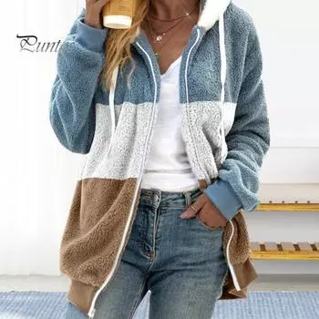 Женское зимнее пальто, цветная толстая плюшевая куртка с капюшоном, длинными рукавами, эластичными манжетами и подолом на завязках, верхняя одежда для холодной погоды S чёрный