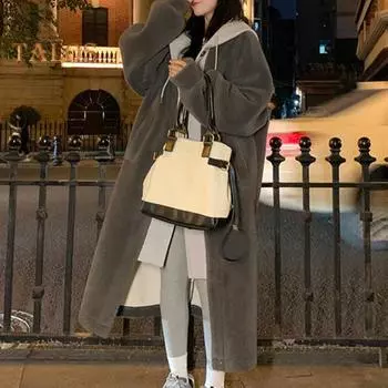 Женское зимнее пальто, имитация двухкомпонентного с капюшоном, цветные блоки, длинный рукав, свободная длина до колена, толстое плюшевое теплое однобортное красное пальто с завязками S серый