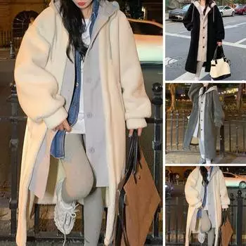 Женское зимнее пальто, имитация двухкомпонентного с капюшоном, цветные блоки, длинный рукав, свободная длина до колена, толстое плюшевое теплое однобортное красное пальто с завязками S серый