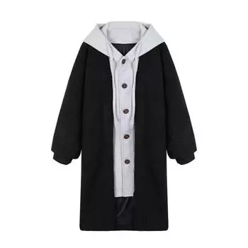 Женское зимнее пальто, имитация двухкомпонентного с капюшоном, цветные блоки, длинный рукав, свободная длина до колена, толстое плюшевое теплое однобортное красное пальто с завязками S белый