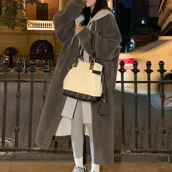 Женское зимнее пальто из двух частей с капюшоном, цветной блок, длинный рукав, свободная длина до колена S чёрный