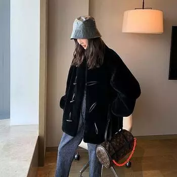 Женское зимнее пальто из искусственного меха с воротником-стойкой, теплое, с роговой пряжкой, с отделкой, большие размеры, пальто S чёрный