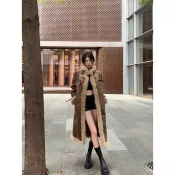 Женское зимнее пальто из овечьей шерсти с мехом Майяра коричневого цвета, утолщенное, средней и длинной длины, из экологически чистого меха S темно-коричневого