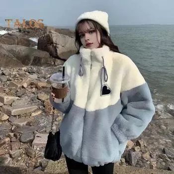 Женское зимнее пальто из плотного флиса с цветными блоками, в стиле пэчворк, воротник-стойка, защита шеи, застежка-молния на шнурок, длинные рукава, утепленная верхняя одежда для школы M розовый