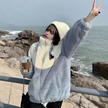 Женское зимнее пальто из плотного флиса с цветными блоками, лоскутное шитье, воротник-стойка, защита шеи, застежка-молния на шнурок, длинные рукава, утепленная верхняя одежда XL розовый