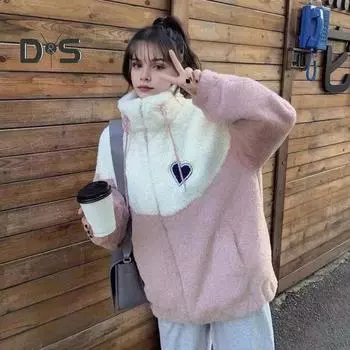 Женское зимнее пальто из плотного флиса с цветными блоками, в стиле пэчворк, воротник-стойка, защита шеи, застежка-молния на шнурок, длинные рукава, утепленная верхняя одежда для школы XL синий