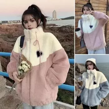 Женское зимнее пальто из плотного флиса с цветными блоками, в стиле пэчворк, воротник-стойка, защита шеи, застежка-молния на шнурок, длинные рукава, утепленная школьная куртка 2XL синий