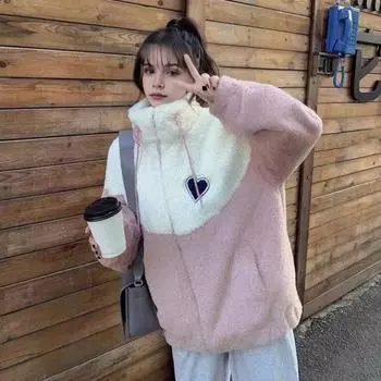 Женское зимнее пальто из плотного флиса с цветными блоками, лоскутное шитье, воротник-стойка, защита шеи, застежка-молния на шнурок, длинные рукава, утепленная верхняя одежда M розовый