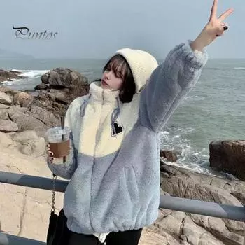 Женское зимнее пальто из плотного флиса с цветными блоками, в стиле пэчворк, воротник-стойка, защита шеи, застежка-молния на шнурок, длинные рукава, утепленная верхняя одежда для школы M розовый