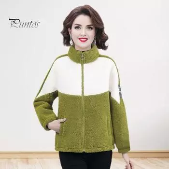 Женское зимнее пальто из плотного флиса с цветными блоками, воротником-стойкой, застегивающимся на молнию, с длинными рукавами, верхняя одежда для защиты от холода, повседневная школьная куртка для активного отдыха M зелёный