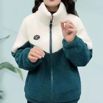 Женское зимнее пальто из плотного флиса с цветными блоками, в стиле пэчворк, воротник-стойка, защита шеи, застегивающийся на молнию кардиган с длинными рукавами, утепленная верхняя одежда, школьная куртка M розовый