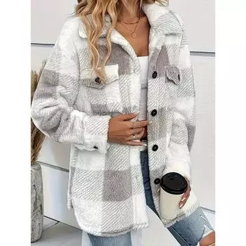 Женское зимнее пальто из плюшевого флиса - Пальто в клетку с высокой эластичностью, Элегантная коллекция Ближнего Востока, Машинная стирка для осени и зимы S серый