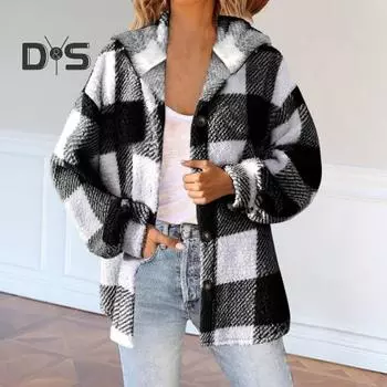 Женское зимнее пальто из плюшевой фланели с контрастным клетчатым принтом, верхняя одежда с капюшоном, однобортная, плотная, свободная, с длинными рукавами XXL хаки