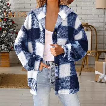 Женское зимнее пальто из плюшевой фланели с контрастным клетчатым принтом, верхняя одежда с капюшоном, однобортная, плотная, свободная, с длинными рукавами S хаки