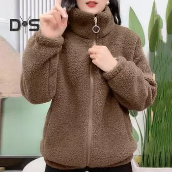 Женское зимнее пальто из шерпы, нечеткое теплое сплошное цветное воротник-стойка, свободный крой, застежка-молния, двойной карман с заниженным плечом и длинными рукавами, женское женское пальто M