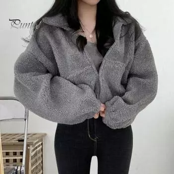 Женское зимнее пальто из толстого флиса с воротником-стойкой, защитой шеи, застегивающимся на молнию, коротким кардиганом с длинными рукавами, защитой от холода, школьной курткой для активного отдыха M темно-синий