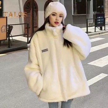 Женское зимнее пальто из толстого флиса с воротником-стойкой и защитой шеи, застегивающийся на молнию кардиган с длинными рукавами, утепленная верхняя одежда для школы и улицы L белый