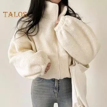 Женское зимнее пальто из толстого флиса с воротником-стойкой, защитой шеи, застегивающимся на молнию, коротким кардиганом с длинными рукавами, защитой от холода, школьной курткой для активного отдыха XL слоновая кость