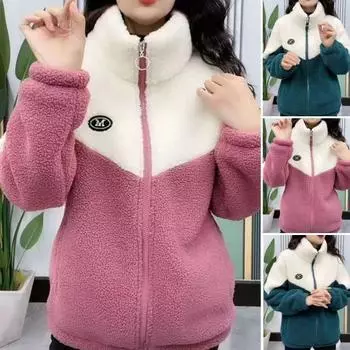 Женское зимнее пальто из толстого флиса с цветными блоками, в стиле пэчворк, воротник-стойка, защита шеи, застегивающийся на молнию кардиган, длинный L зелёный