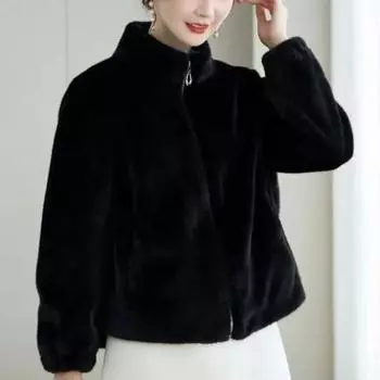 Женское зимнее пальто из толстого искусственного меха с отложным воротником, короткий кардиган на молнии с длинными рукавами, утепленная верхняя одежда, школьная куртка для активного отдыха L серый