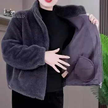 Женское зимнее пальто из толстого искусственного меха с отложным воротником, короткий кардиган на молнии с длинными рукавами, утепленная верхняя одежда, школьная куртка для активного отдыха L кофейный