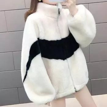 Женское зимнее пальто из толстого искусственного бархата ягненка, цветная застежка-молния, верхняя одежда, воротник-стойка, длинные рукава XXL чёрный