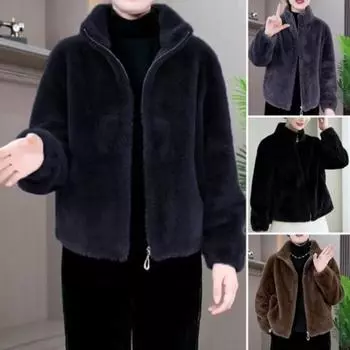 Женское зимнее пальто из толстого искусственного меха с отложным воротником, короткий кардиган на молнии с длинными рукавами, утепленная верхняя одежда, школьная куртка для активного отдыха L кофейный