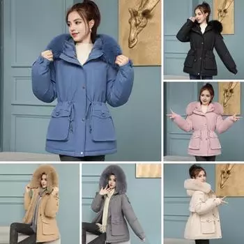 Женское зимнее пальто из толстого плюша с мехом, капюшоном, длинными рукавами, карманами, затягивающимся шнурком на талии, застежкой-молнией M чёрный