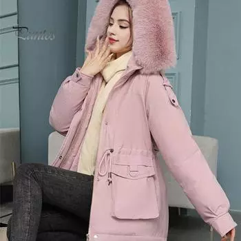Женское зимнее пальто из толстого плюша с мехом, капюшоном, длинными рукавами, карманами, затягивающимся шнурком на талии, застегивающимся на молнию, ветрозащитное пальто средней длины, верхняя одежда для активного отдыха M розовый