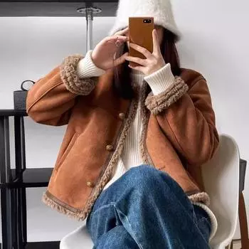 Женское зимнее пальто из толстого плюша, короткое, с круглым вырезом, однобортное, свободного покроя, для повседневных поездок в школу и обратно S кофейный