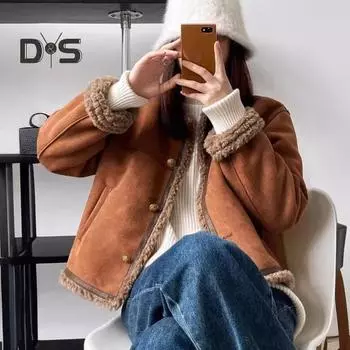 Женское зимнее пальто из толстого плюша, короткое, с круглым вырезом, однобортное, свободного покроя, для повседневных поездок в школу и обратно S кофейный