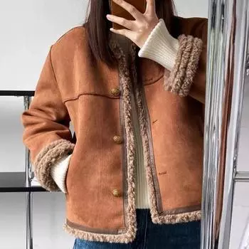 Женское зимнее пальто из толстого плюша с коротким рукавом, круглый вырез, чистый цвет M кофейный