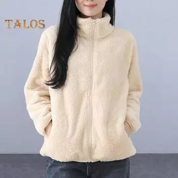 Женское зимнее пальто из толстого плюша с воротником-стойкой, защитой шеи, сохраняющее тепло, с длинными рукавами и карманами, куртка для поездок на работу и обратно L чёрный