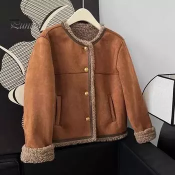 Женское зимнее пальто из толстого плюша, короткое, с круглым вырезом, однобортное, свободного покроя, для повседневных поездок в школу и обратно S кофейный