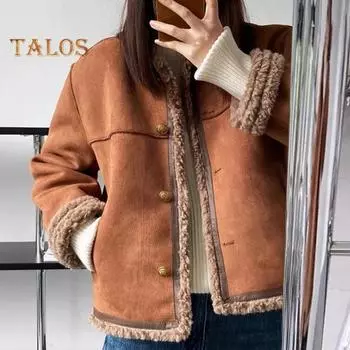 Женское зимнее пальто из толстого плюша, короткое, с круглым вырезом, однобортное, свободного покроя, для повседневных поездок в школу и обратно S кофейный