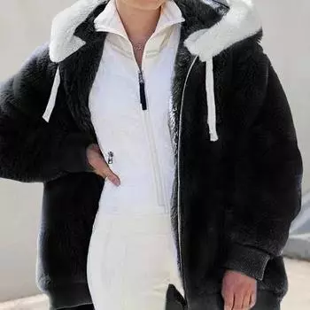 Женское зимнее пальто из толстого пушистого плюша с капюшоном, застежкой-молнией, затягивающимся шнурком, с боковыми карманами, с длинным рукавом, ветрозащитная, сохраняющая тепло куртка для активного отдыха M чёрный