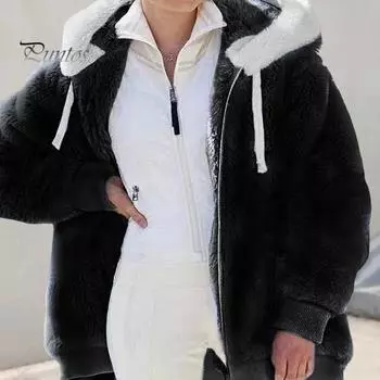 Женское зимнее пальто из толстого пушистого плюша с капюшоном, застежкой-молнией, затягивающимся шнурком, с боковыми карманами, с длинным рукавом, ветрозащитная, сохраняющая тепло куртка для активного отдыха M хаки