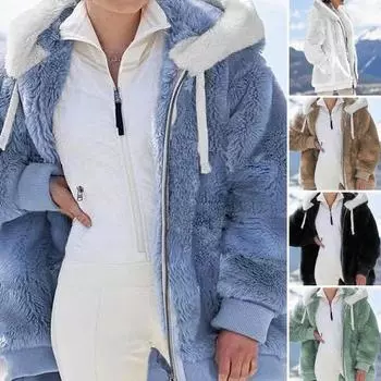 Женское зимнее пальто из толстого пушистого плюша с капюшоном, застежкой-молнией и шнурком, верхняя одежда с M синий