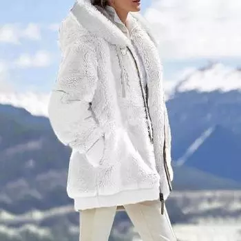 Женское зимнее пальто из толстого пушистого плюша с капюшоном, застежкой-молнией и шнурком, верхняя одежда с M хаки