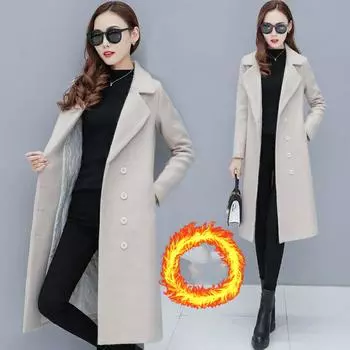 Женское зимнее пальто из твида большого размера с длинной талией, офисное, деловое, повседневное, с воротником-стойкой, теплое пальто 3XL