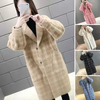 Женское зимнее пальто из утолщенного искусственного меха с клетчатым принтом, свободные карманы средней длины, однобортное с длинным рукавом M розовый