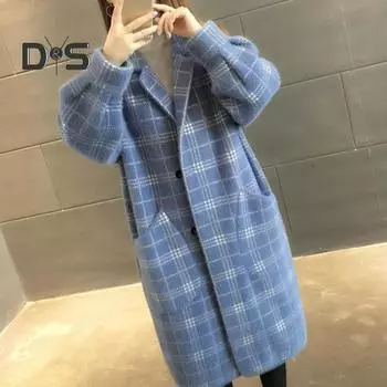 Женское зимнее пальто из утолщенного искусственного меха с клетчатым принтом, свободное, средней длины, с карманами, однобортное, с длинными рукавами, с лацканами, устойчивое к холоду женское пальто M розовый