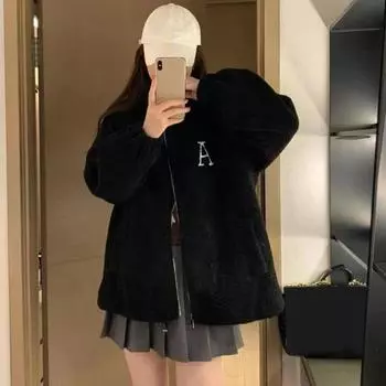 Женское зимнее пальто на молнии с воротником-стойкой, вышитыми буквами и карманами, толстый плюш, свободный M белый