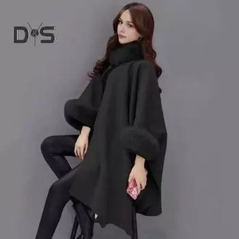 Женское зимнее пальто-накидка с рукавами «летучая мышь» Толстая шаль Свободный воротник-стойка Однотонный декор из искусственного меха Теплая повседневная одежда для работы и отдыха на открытом воздухе Пончо M верблюд