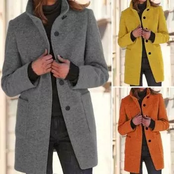 Женское зимнее пальто, однобортное, в стиле ретро, с воротником-стойкой, длинными рукавами, на пуговицах, кардиган средней длины, шерстяное пальто для активного отдыха на весну и осень S