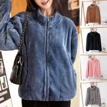 Женское зимнее пальто, однотонное свободное мягкое пальто на молнии с воротником-стойкой и карманами для защиты шеи, свободное женское толстое теплое пальто M кофейный